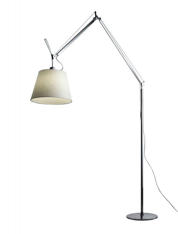 Artemide Tolomeo Mega Stehleuchte mit Dimmer, Aluminium, Stoffschirm, modernes Design für Wohnzimmer und Büro.